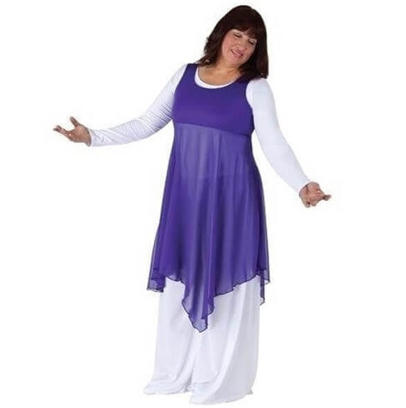 Dancer is wearing a tank style, pullover purple tunic with attached chiffon skirt. Dancer paired the tunic with a white scoop neck bodysuit and white pants.