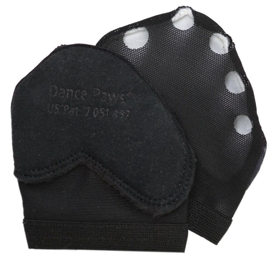 A pair of black colored dance paws with individual holes for each toe, a wide elastic band and a synthetic suede bottom.