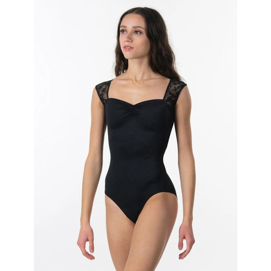 Pinch Front Cap Sleeve Leotard with Embroidered Mesh Back (2430A)