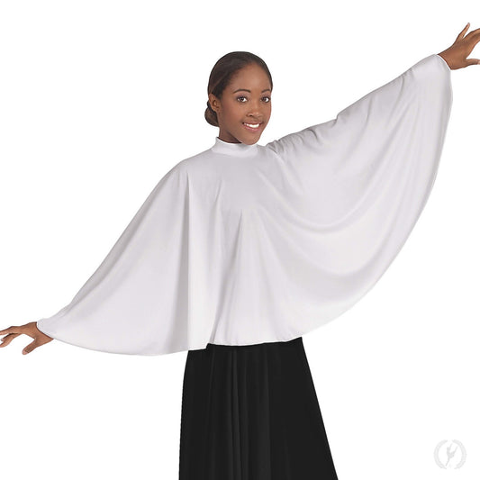 Dancer is wearing a white, mock neck collar cape with attached wrist cuffs and zipper closure in the back. Dancer is holding arms outstretched showing the flow of the cape and paired it with a black skirt.