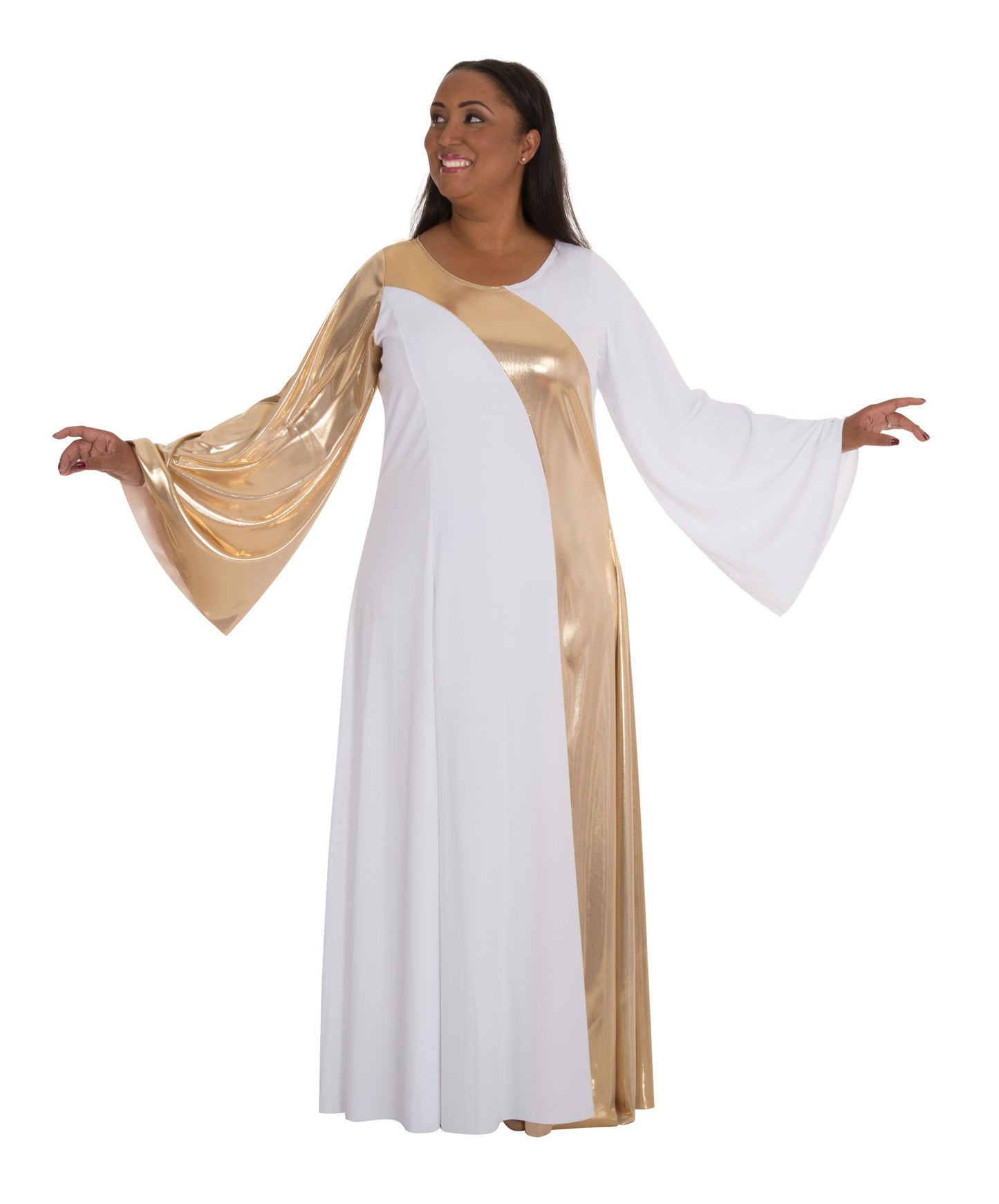 Dancer is wearing a white and gold asymmetrical bell sleeve dress with pull over the head styling. Dress has a gold metallic sleeve and a cross-over gold metallic insert that drapes from the right shoulder to the floor.