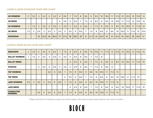 Bloch shoe sizing chart image