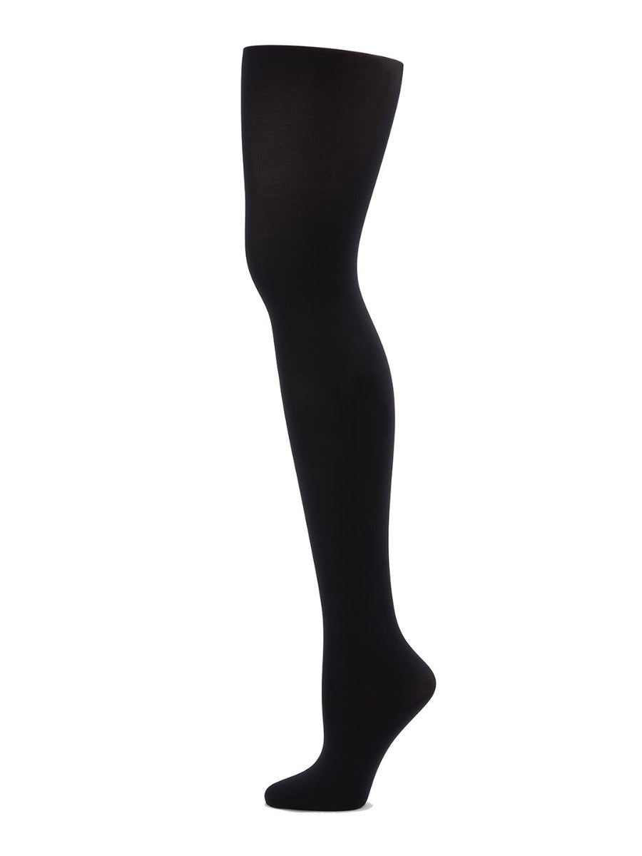 A black, plus-sized hold and stretch footed tight on a mannequin.