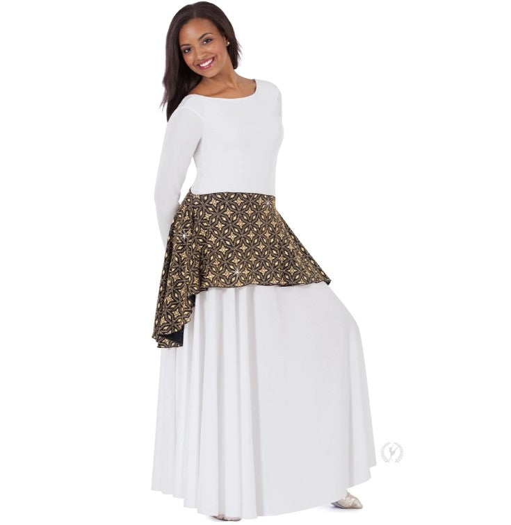 Dancer is wearing a sparkling metallic gold and black overlay at the waist over a long white dress.