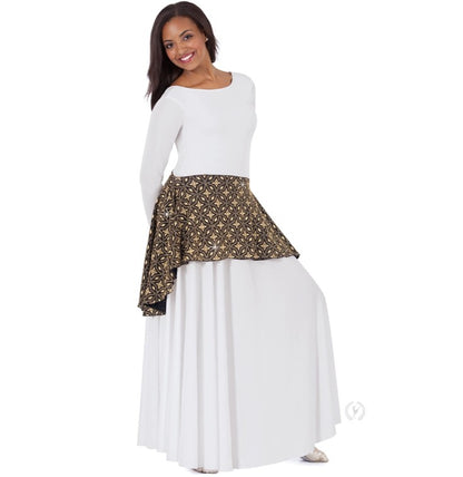 Dancer is wearing a sparkling metallic gold and black overlay at the waist over a long white dress.