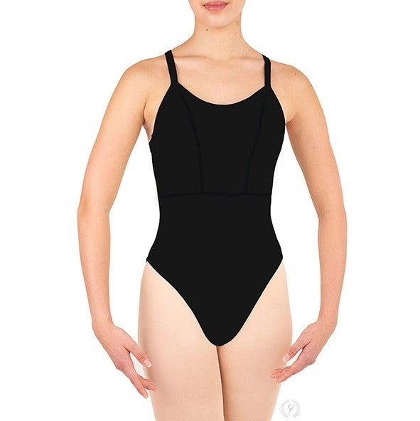 Dancer is wearing a black, wide strap, camisole leotard with princess seams, empire waist and a low, squared off back with criss- cross straps.