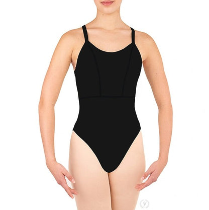 Dancer is wearing a black, wide strap, camisole leotard with princess seams, empire waist and a low, squared off back with criss- cross straps.