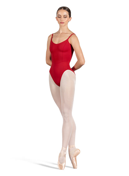 Dancer is wearing a red, camisole leotard with a scoop neck and back and bodice seam detail. She has paired the garment with pink tights and pointe shoes and is balancing in a fourth position releve on pointe with her hands behind her back.