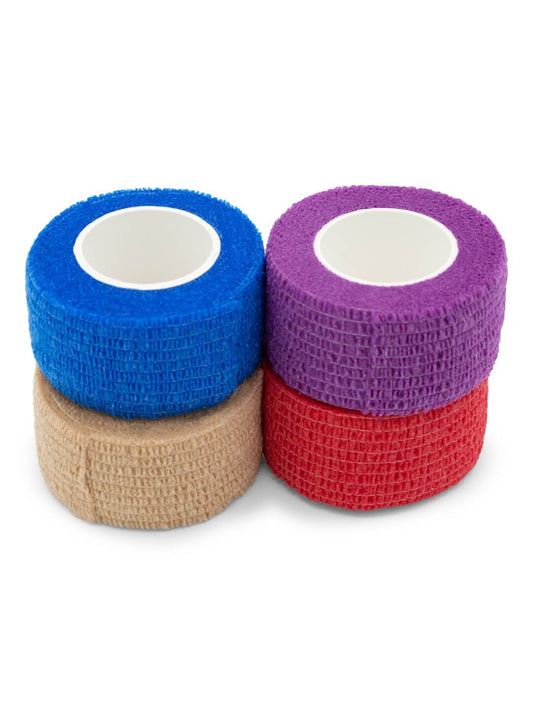 Rolls of muti-colored toe tape made from cotton and elastane. Latex free.