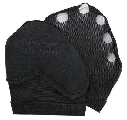A pair of black colored dance paws with individual holes for each toe, a wide elastic band and a synthetic suede bottom. 