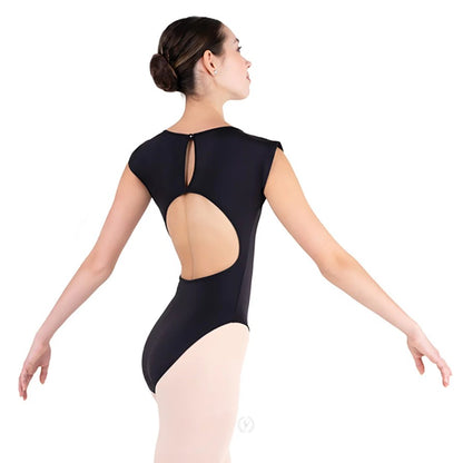 Dancer is showing a back angle of a black, boatneck, cap sleeve leotard with an open mid back and elasticized button closure.