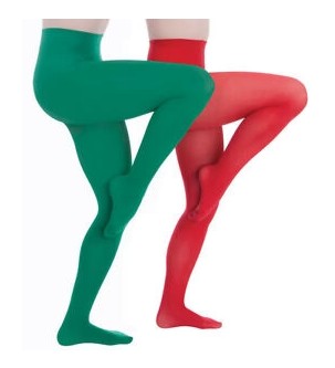Dancers are wearing green and red footed tights, shown from a side angle with their right legs bent in a parallel passe position.