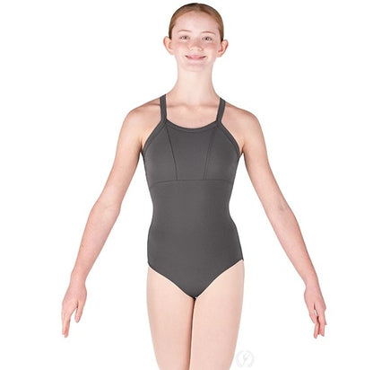 Dancer is wearing a grey, wide strap, camisole leotard with princess seams and back straps that cross. Dancer has paired the garment with pink tights and has her arms in a demi second position.