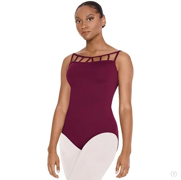 Dancer is wearing a burgundy, camisole leotard with front lattice detail and a low, strappy back.