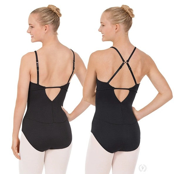Dancer is wearing a black, camisole leotard with multi-way, adjustable straps,  a reinforced seam at the bustline and a unique back seam. She is demonstrating the different ways to wear the adjustable straps.