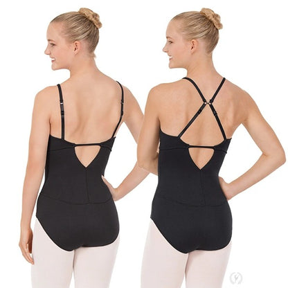 Dancer is wearing a black, camisole leotard with multi-way, adjustable straps,  a reinforced seam at the bustline and a unique back seam. She is demonstrating the different ways to wear the adjustable straps.