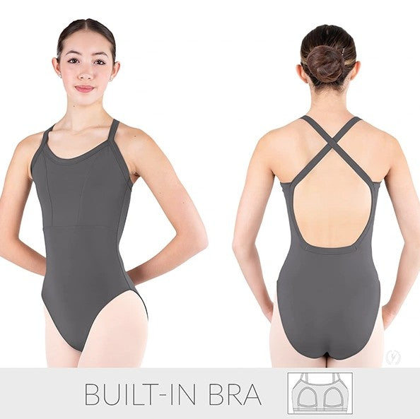 Dancer is wearing a gray, wide strap, camisole leotard with princess seams, empire waist and a low, squared off back with criss- cross straps. She is showing both a front and back angle of the garment.