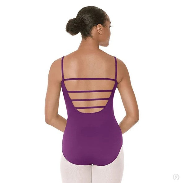 Dancer is showing a back angle of an eggplant, camisole leotard with front lattice detail and a low, strappy back.