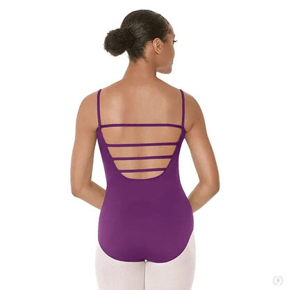 Dancer is showing a back angle of an eggplant, camisole leotard with front lattice detail and a low, strappy back.