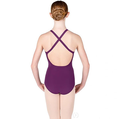 Dancer is wearing an eggplant, wide strap, camisole leotard with princess seams and back straps that cross. She is also wearing pink tights and is showing a back angle of the garment.