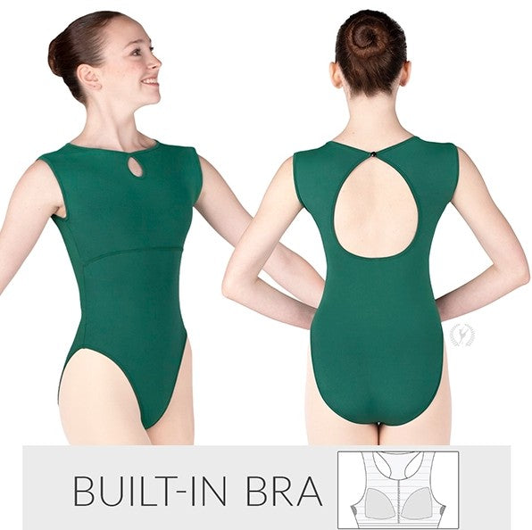 Dancer is wearing a hunter, boatneck, cap sleeve leotard with a modest keyhole neckline and open keyhole back. She is showing multiple angles of the garment.
