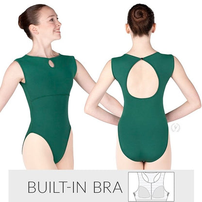 Dancer is wearing a hunter, boatneck, cap sleeve leotard with a modest keyhole neckline and open keyhole back. She is showing multiple angles of the garment.