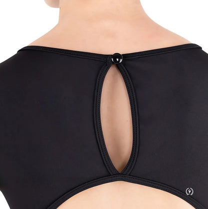 Close up of the elasticized button closure with keyhole detail on a cap sleeve leotard.