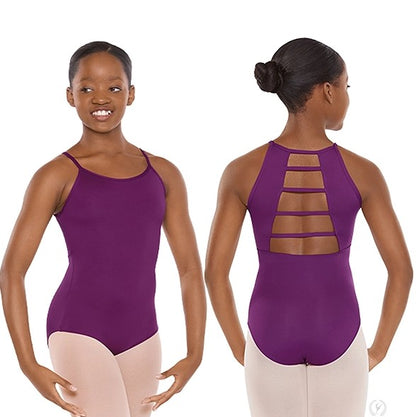 Dancer is wearing an eggplant, camisole leotard with scoop neckline and low, ladder back with pink tights. A front angle of the garment is shown on the left, and back angle on the right.