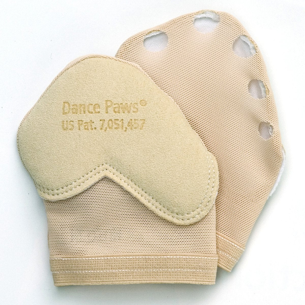 A pair of nude colored dance paws with individual holes for each toe, a wide elastic band and a synthetic suede bottom. 