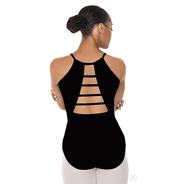 Dancer is showing a back angle of a black, camisole leotard with a scoop neckline and ladder cut out back.