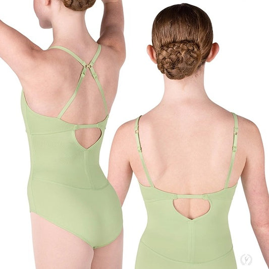 Dancer is wearing a multi-wear, adjustable, camisole leotard with a keyhole back in seafoam.  The image on the left is showing a criss-cross option for the straps and the image to the right a traditional camisole option.