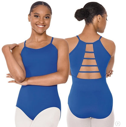 Dancer is wearing a royal blue, camisole leotard with a scoop neckline and ladder cut out back. She is showing both a front and back angle of the garment.