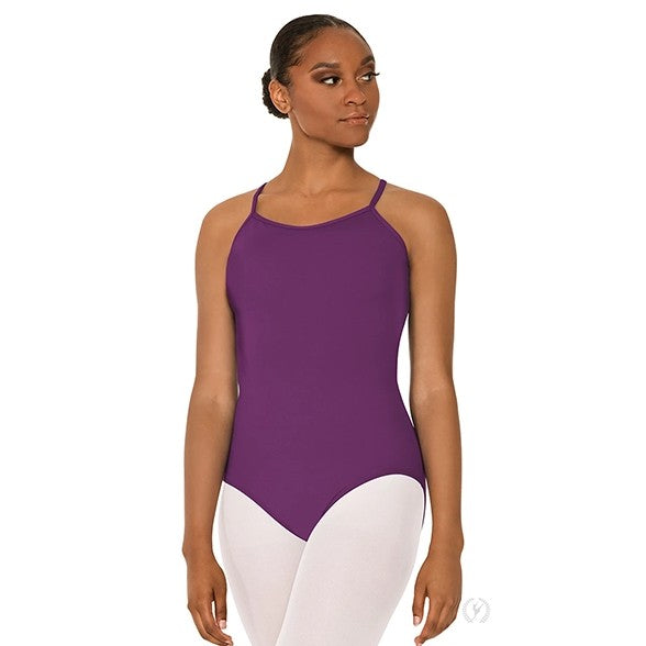 Dancer is wearing an eggplant, camisole leotard with a scoop neckline and ladder cut out back.