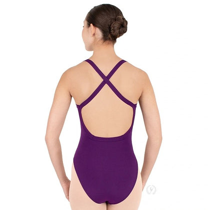 Dancer is showing a back angle of an eggplant, wide strap, camisole leotard with princess seams, empire waist and a low, squared off back with criss- cross straps.