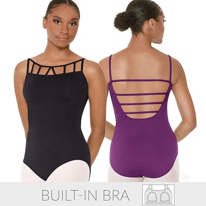 Dancer is wearing a camisole leotard with front lattice detail and a low, strappy back. Image on the left is showing a front view in black, and image on the right a back view in eggplant.