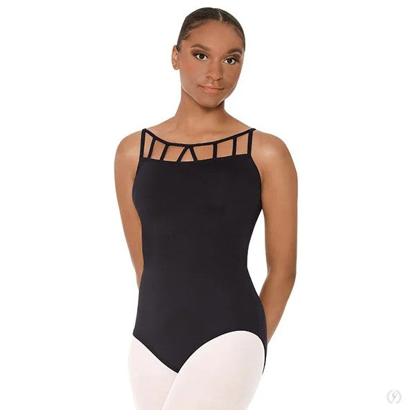 Dancer is wearing a black, camisole leotard with front lattice detail and a low, strappy back.