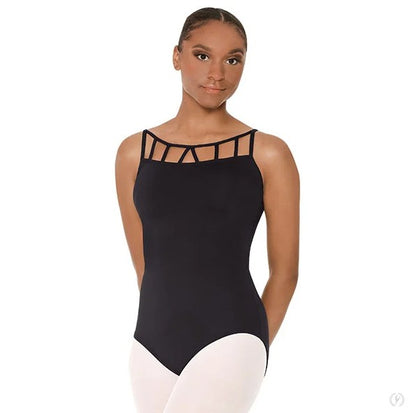 Dancer is wearing a black, camisole leotard with front lattice detail and a low, strappy back.