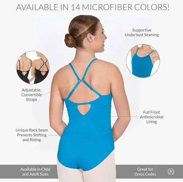 A diagram for a camisole leotard with multi-way, adjustable straps,  a reinforced seam at the bustline and a unique back seam. 