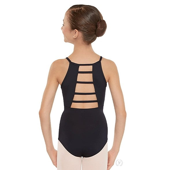 Dancer is wearing a black, camisole leotard with scoop neckline and low, ladder back. She has paired the garment with pink tights and is showing a back angle highlighting the ladder design.