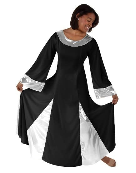 Dancer is wearing a black and silver robe with slip over the head styling. Robe has metallic silver accents at the end of the sleeve, neckline and bottom of skirt in a triangle pattern. 