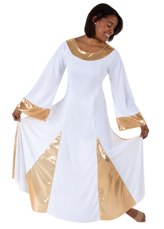 Dancer is wearing a white and gold robe with slip over the head styling. Robe has metallic gold accents at the end of the sleeve, neckline and bottom of skirt in a triangle pattern. 
