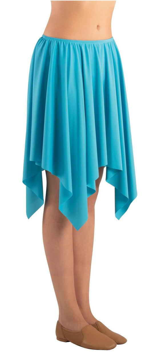 Dancer is wearing a turquoise, matte polyester, handkerchief hem overlay as a skirt.