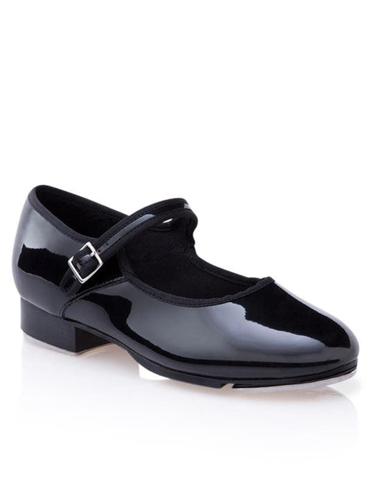 A Mary Jane style, black, synthetic patent leather tap shoe. Features include,  foam cushioned insole, wide velcro buckle strap, and non slip heel counter. 