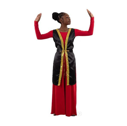 Dancer is wearing a black satin, unisex vest with metallic gold accent trim and matching gold ties at the waist of the garment. She has paired the vest with a red long sleeve dress.